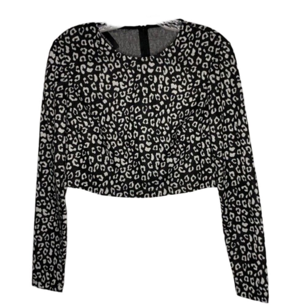 Donna Morgan Gray Black Long Sleeve Animal Leopard Cheetah Print Crop Top 6